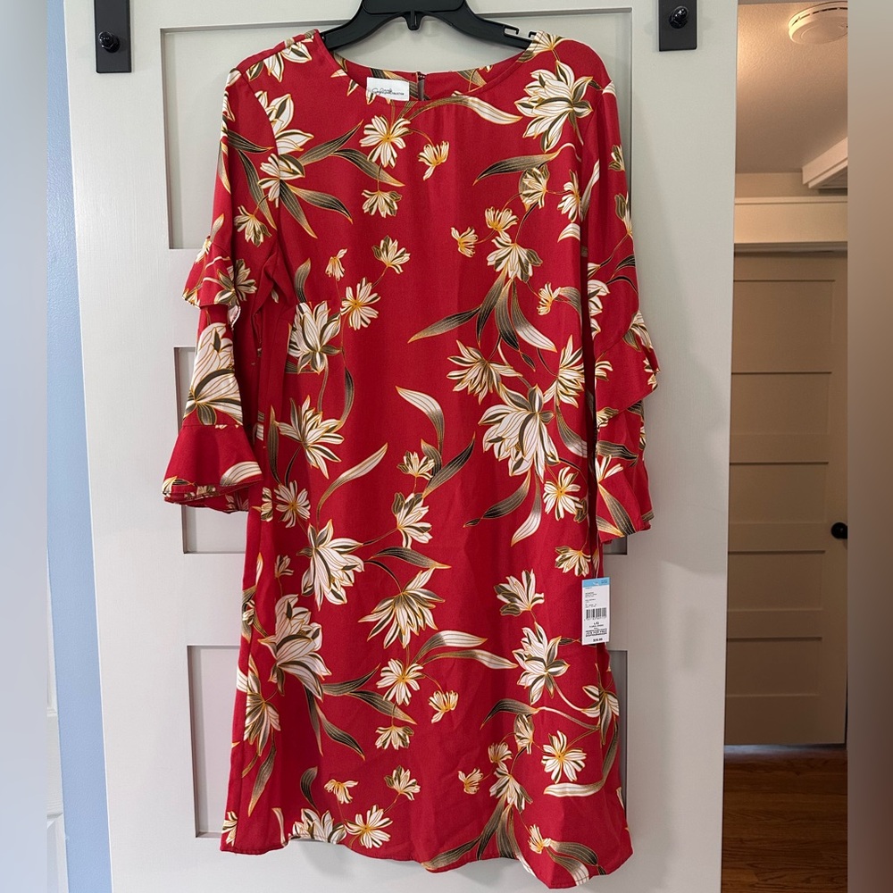 NWT Jaclyn Smith Red, Cream and White Ruffled Sundress with Bell Sleeves